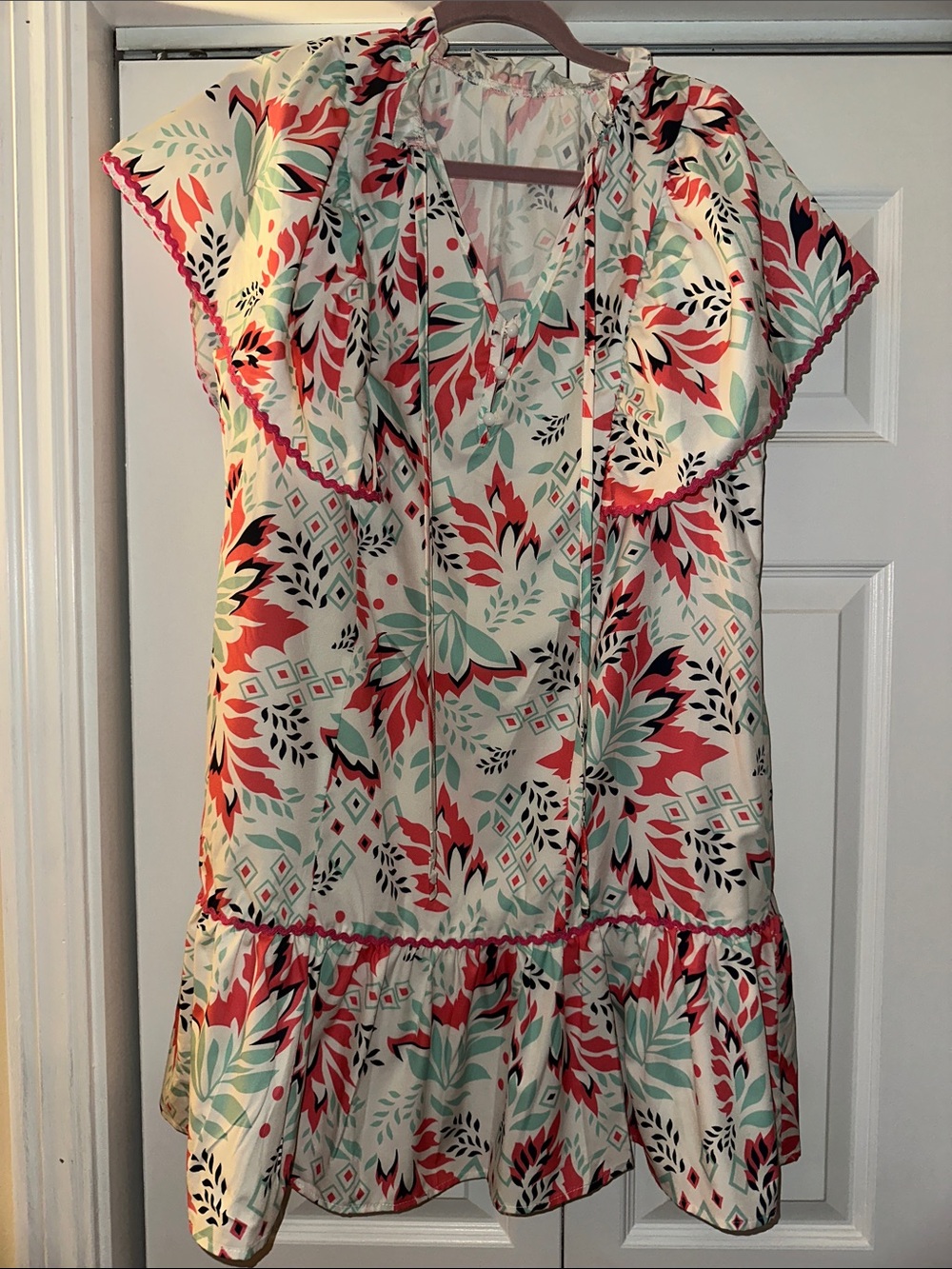 SHEIN Cream Floral Midi Dress with Red and Mint Accents